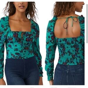 NWT Free People Hilary Green Combo Floral
Smocked Peasant Top Size Small
